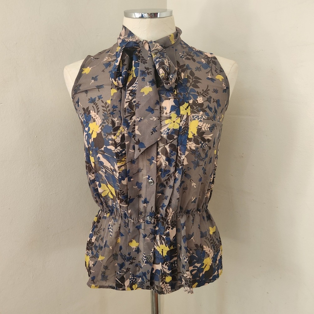 Ann Taylor LOFT Petites XXSP Floral Bow Sleeveless Blouse Grey Blue Yellow